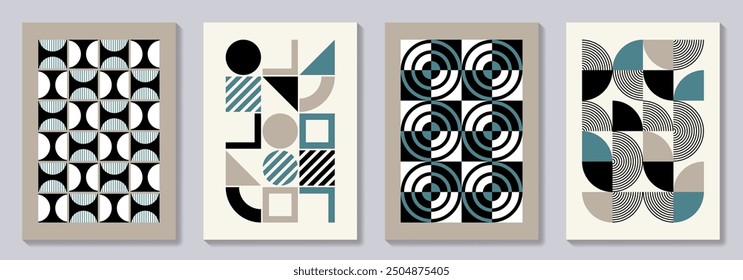 Retro set of geometric vector trendy bauhaus pattern backgrounds set. Vintage posters with 20s geometric design for cover design, poster and interior.