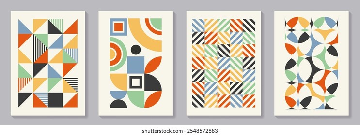 Retro set of geometric vector trendy bauhaus pattern backgrounds set. Colorful vintage posters with 20s geometric design for cover design, poster and interior.