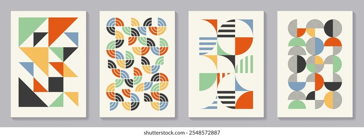 Retro set of geometric vector trendy bauhaus pattern backgrounds set. Colorful vintage posters with 20s geometric design for cover design, poster and interior.