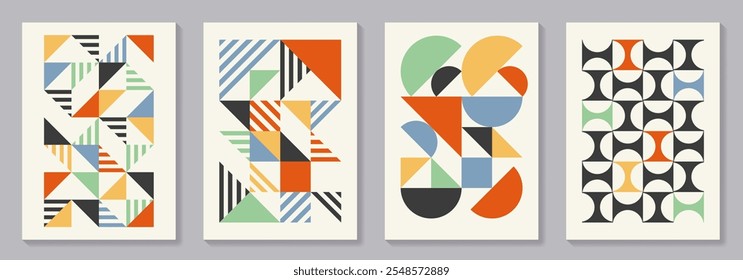 Retro set of geometric vector trendy bauhaus pattern backgrounds set. Colorful vintage posters with 20s geometric design for cover design, poster and interior.