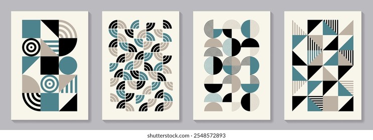 Retro set of geometric vector trendy bauhaus pattern backgrounds set. Vintage posters with 20s geometric design for cover design, poster and interior.