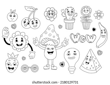 Retro set of groovy elements. Vector clipart vintage funky hippy style. Funny characters flower power, cactus in pot, mushroom, cherry, banana, strawberry and apple. isolated Linear hand doodle