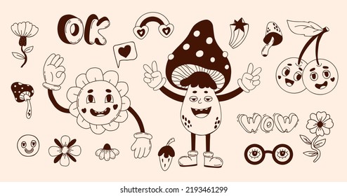 Retro set groovy elements. Vector clipart vintage funky hippy style. Funny characters flower power, mushroom, cherry, emoji faces, hippie glasses with eyes and rainbow. isolated Linear hand doodle