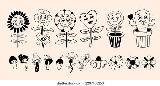 Retro Set Groovy Flowers Doodle. Funny Cartoon Characters With Faces Funky Flower Power With Patch, Daisy Flowers, Cactus, Mushrooms. Vector Clipart Vintage Hippy Style. Isolated Linear Hand Drawings