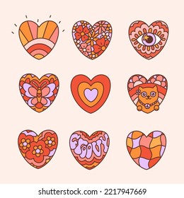 Retro set with groovy hearts. Colorful vector illustration in vintage style. Hippie style 60s 70s.