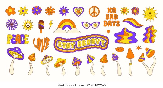 Retro set of groovy hippie elements in style 70s, 80s. Colorful icons mushrooms, daisy flowers, peace symbol, rainbow, waves and text isolated on a white background. Vector illustration