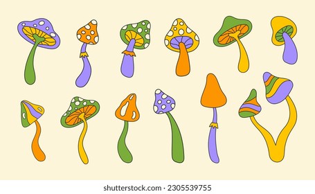 Retro set groovy hippie mushrooms. Trendy vector illustration in style 60s, 70s