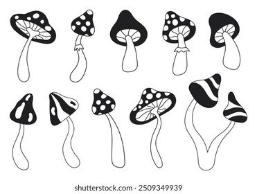 Retro set groovy linear mushrooms isolated on white background. Trendy hippie vector illustration in style 60s, 70s