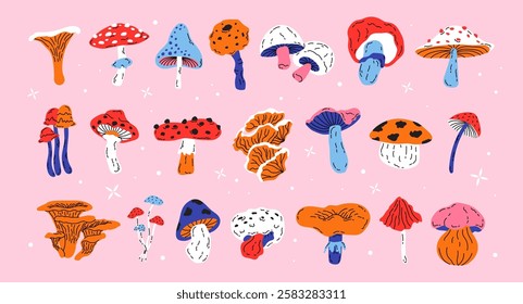 Retro set groovy mushrooms. Hippie cartoon design elements in 90s style. Trendy doodle acid stickers. Colorful poisonous and edible mushrooms. Vector flat illustration in hand drawn style