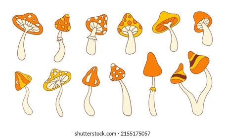 Retro set groovy mushrooms isolated on white background. Trendy hippie vector illustration in style 60s, 70s