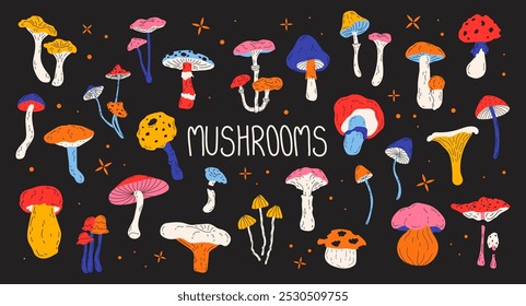 Retro conjunto groovy cogumelos.Hippie desenhos animados elementos no estilo dos anos 90. Cogumelos sazonais de floresta toadstool, chanterelle, mosca agárica, boleto. Cogumelos venenosos e comestíveis. 