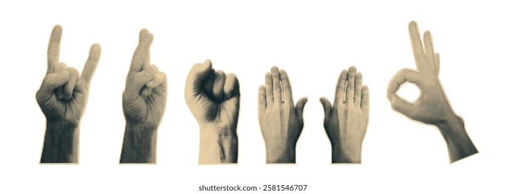 Retro set of hands showing different gestures isolated on white background. Magazine paper collage elements with halftone effect, sticker of Rock on, Power fist, Fingers crossed, Raising hands sign