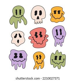 Retro set hippie colorful melting smile faces isolated on white background. Funny halloween emotional icons in style 60s, 70s