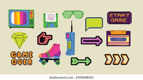 Retro set of icons of 90s. Pop art sticker collection for 1990 born baby. Badge for hipsters with sunglasses, boombox and roller, cassette. Vintage isolated element.