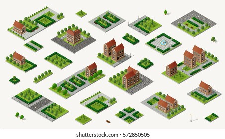 Retro set isometric country college house municipal infrastructure and kit city educational objects