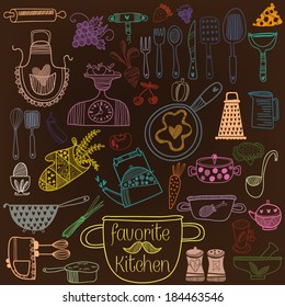 Retro set of  kitchen tools. Vector illustration of kitchen doodles collection-Pan, skillet, apron, scales, mixer and other