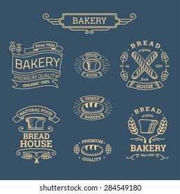 Retro set label of bread bakery. Old style elements, logos, logotypes for badges, bread company, bread house, cafe, cake shop. Logo collection.

