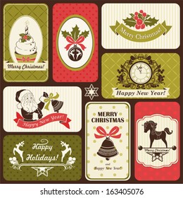 Retro set of labels by Christmas and New Year, vector illustration with holiday symbols.