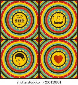 Retro set of labels with pictures on it. Vector sun illustration. 
