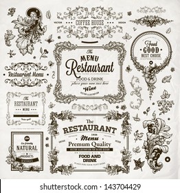 Retro set of labels for restaurant menu design. Vintage floral frames with antique flowers. Engraving hand drawn style. Detailed elements. Vector eps10 illustration.