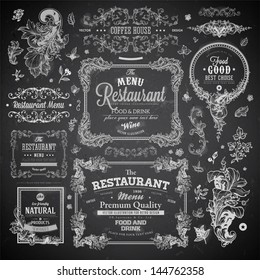 Retro set of labels for restaurant menu design. Vintage floral frames with antique flowers. Engraving hand drawn style. Detailed elements. Vector eps10 illustration. Chalkboard version.