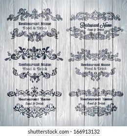 Retro set of labels for restaurant menu on wood texture. Vector vintage baroque engraving floral scroll filigree design