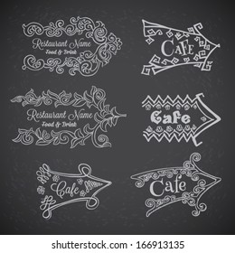 Retro set of labels for restaurant menu on chalkboard. Vector vintage baroque engraving floral scroll filigree design