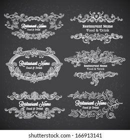 Retro set of labels for restaurant menu on chalkboard. Vector vintage baroque engraving floral scroll filigree design