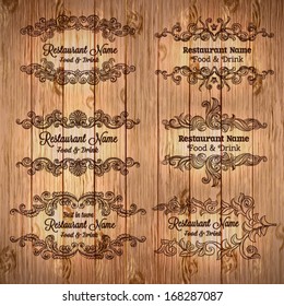 Retro set of labels for restaurant menu. Vector vintage baroque engraving floral scroll filigree design