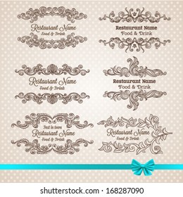 Retro set of labels for restaurant menu. Vector vintage baroque engraving floral scroll filigree design