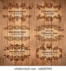 Retro set of labels for restaurant menu. Vector vintage baroque engraving floral scroll filigree design