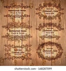 Retro set of labels for restaurant menu. Vector vintage baroque engraving floral scroll filigree design