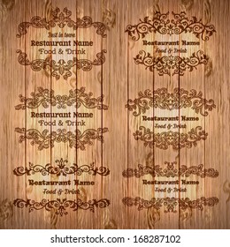 Retro set of labels for restaurant menu. Vector vintage baroque engraving floral scroll filigree design
