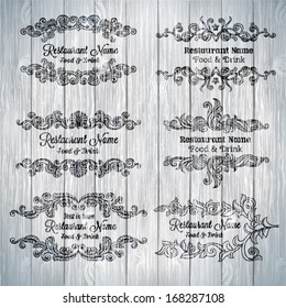 Retro set of labels for restaurant menu. Vector vintage baroque engraving floral scroll filigree design
