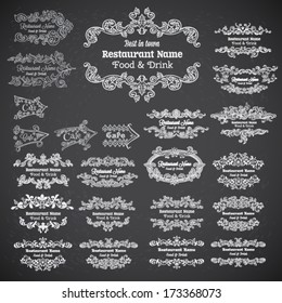 Retro set of labels for restaurant menu on chalkboard. Vector vintage baroque engraving floral scroll filigree design