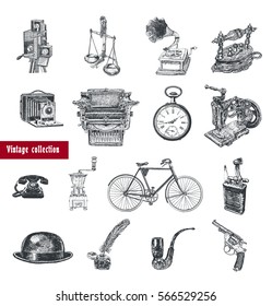 Retro set. Movie camera, typewriter, gramophone, camera, scales, hours, coffee grinder, telephone set, bicycle, old iron, sewing machine, lighter, bowler hat, inkwell, pipe, revolver. Vintage style