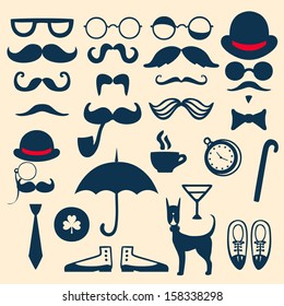 Retro set with mustache, glasses, hats, umbrella and others