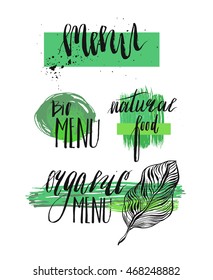 Retro set of organic menu, bio menu, natural food, healthy food labels. Hand drawn logo templates with floral and vintage elements for restaurant menu or food package. Vector badges in hipster style