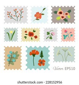 Retro set of the postage stamps with flowers. Vector illustration
