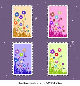 Retro set of the postage stamps with flowers on violet background. Vector illustration.