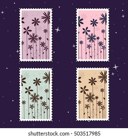 Retro set of the postage stamps with flowers on violet background. Vector illustration.