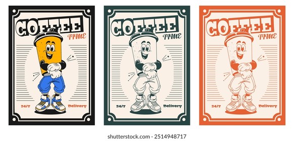 Retro set of posters with a coffee mascot, cartoon characters in the style of the 70s and 80s. Vector illustration of a coffee shop stripe in monochrome minimalism.