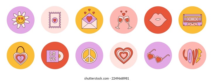 Retro set romantic groovy highlights cover in style vintage 70s, 80s. Abstract round icons isolated on a white background. Trendy vector illustration.