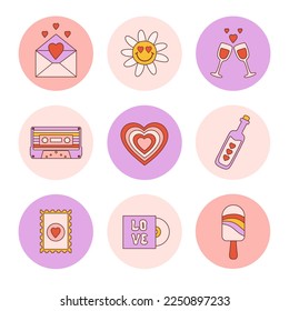 Retro set romantic groovy highlights cover in style vintage 70s, 80s. Abstract round icons isolated on a white background. Trendy vector illustration.