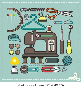 Retro set of sewing and needlework icons, Vector illustration.