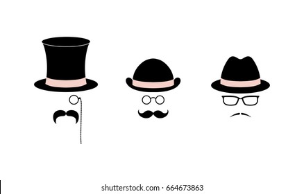 Retro set of simple vector icons with various moustaches, top hat, bowler hat, fedora hat, glasses, monocle and pince-nez. Isolated objects on white background. Photo booth design elements collection.