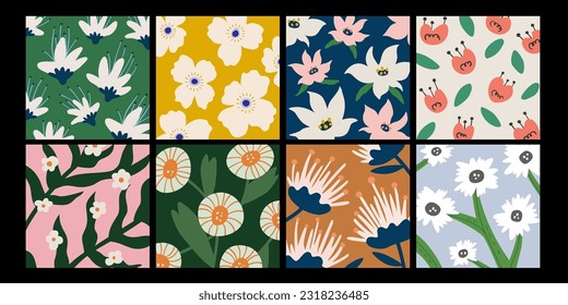 Retro set of square abstract floral patterns in hand drawn style. Suitable for spring season, fabric prints, and cards templates