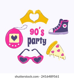 Retro set stickers of 90s, sneakers, sunglasses, pizza. Pop art sticker collection. Set of retro pop culture items from the nineties. 90's party, back to the 1990s