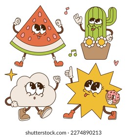 Retro set of summer groovy mascots. Funny characters of flower , potted cactus, sun, cloud, watermelon with groovy face emotion and gestures of comical gloves hands. Vector hand drawn hippie design.