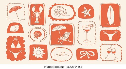 Conjunto retrô de elementos ícone de verão com pranchas de surfe, lagostas, maiôs, bois, guarda-chuvas, conchas, copos de vinho, coquetéis e símbolos de sol em quadros de contorno